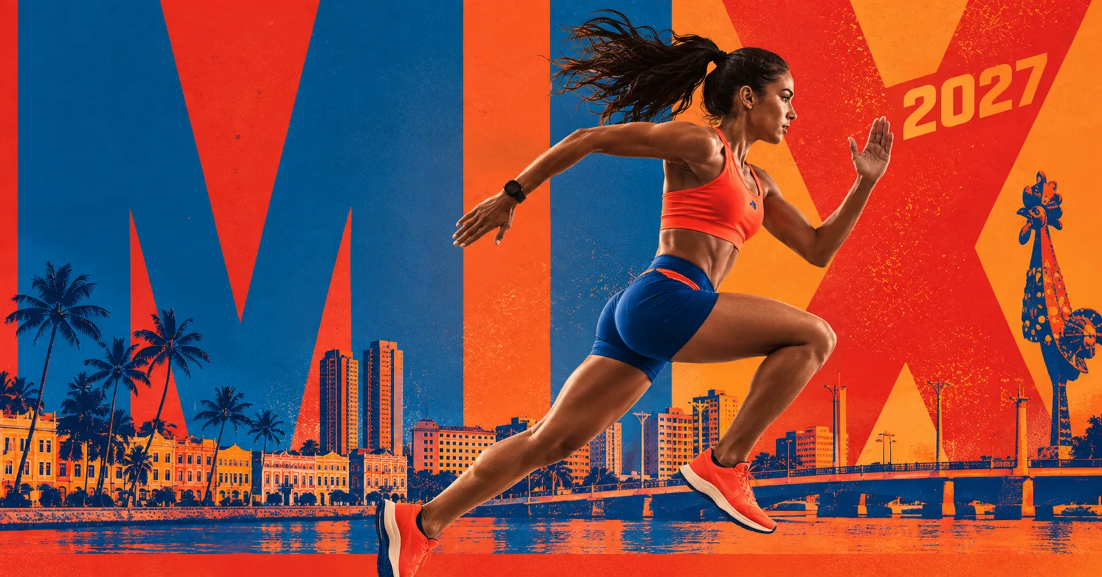 Arte da Corrida Compras Mix 2027: corredora em frente ao skyline do Recife e ao Galo da Madrugada
